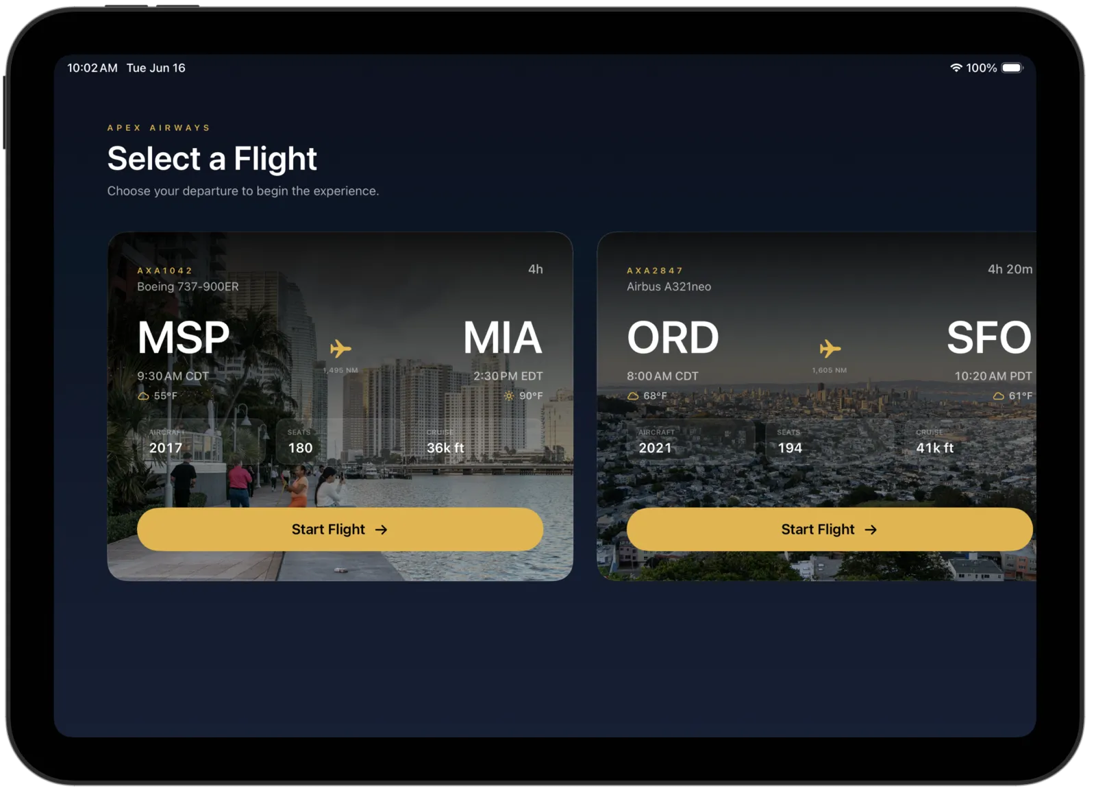 The Apex IFE flight picker: two large flight cards, Minneapolis to Miami and Chicago to San Francisco, each with times, weather, aircraft details, and a Start Flight button over a photo of the destination.