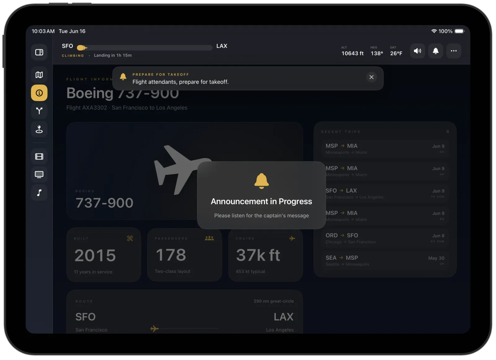 A cabin announcement in Apex IFE: a “Prepare for takeoff” banner at the top and an “Announcement in progress” panel dimming the flight information screen behind it.