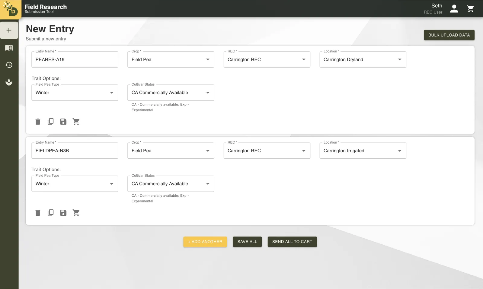The redesigned FRST New Entry page with two field pea entries stacked on one page, each with delete, duplicate, save, and add-to-cart actions, and Add Another, Save All, and Send All to Cart buttons below.