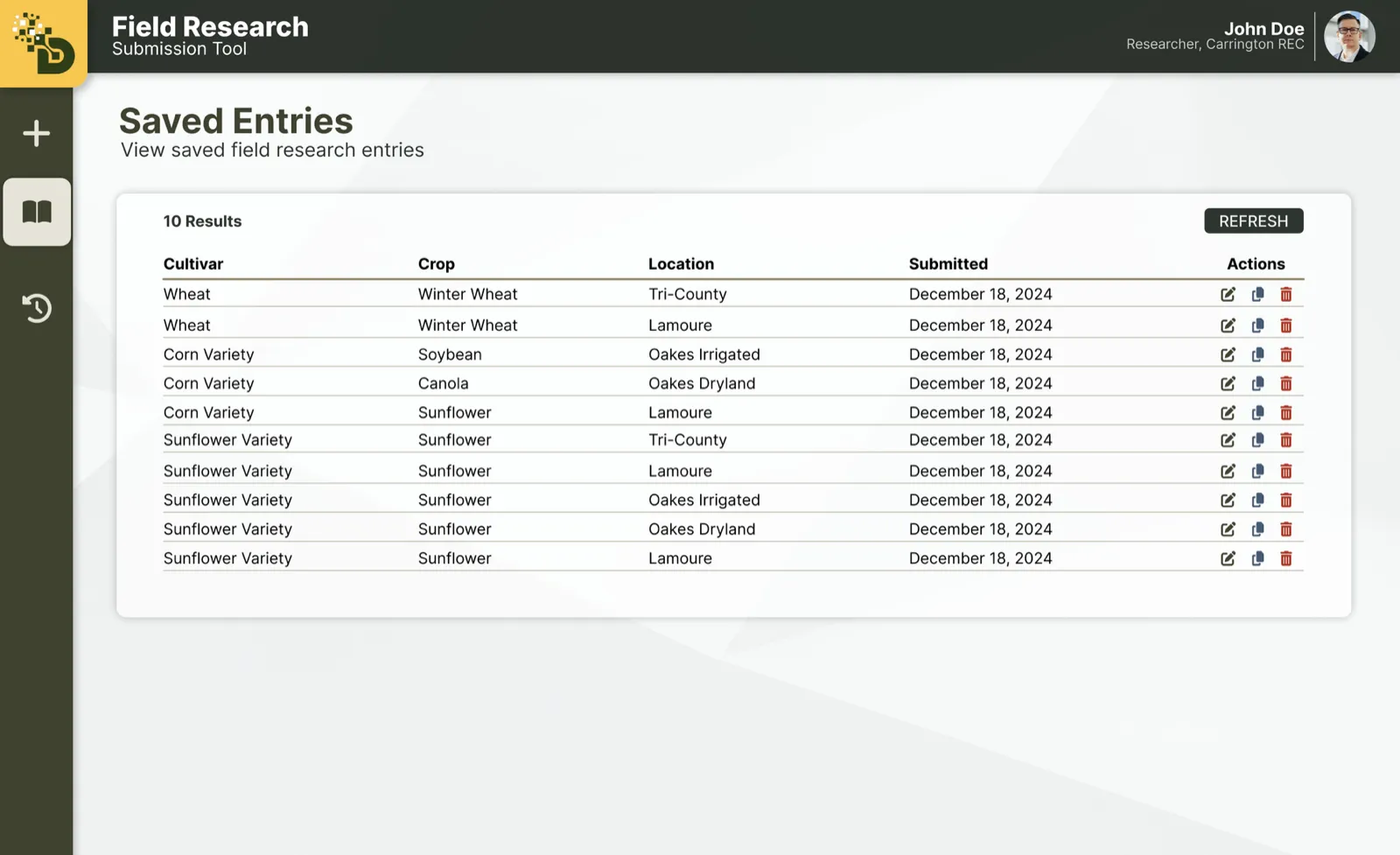 The Figma design for Saved Entries: a table of cultivar, crop, location, and submission date with edit, copy, and delete icons and a Refresh button.