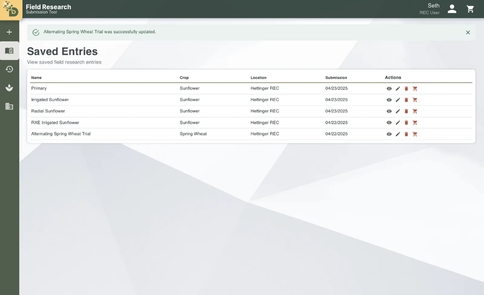 The shipped Saved Entries table with view, edit, delete, and add-to-cart icons and an update confirmation.