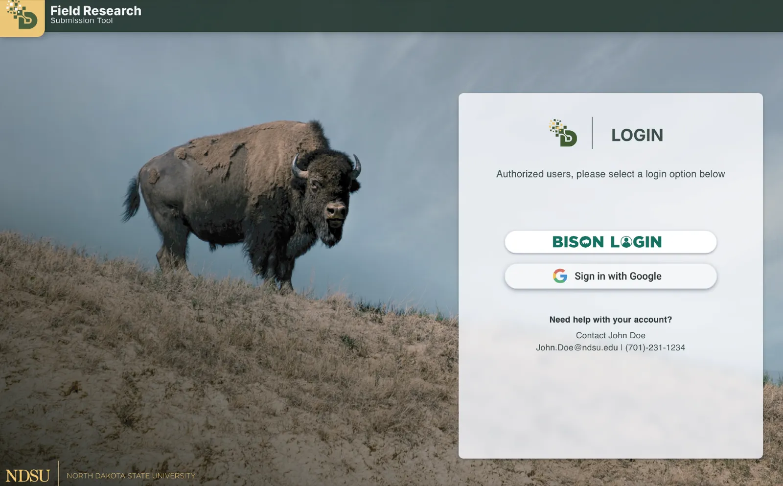The redesigned sign-in: a login panel with Bison Login and Google sign-in as matching buttons and a help contact below, over a photo of a bison.