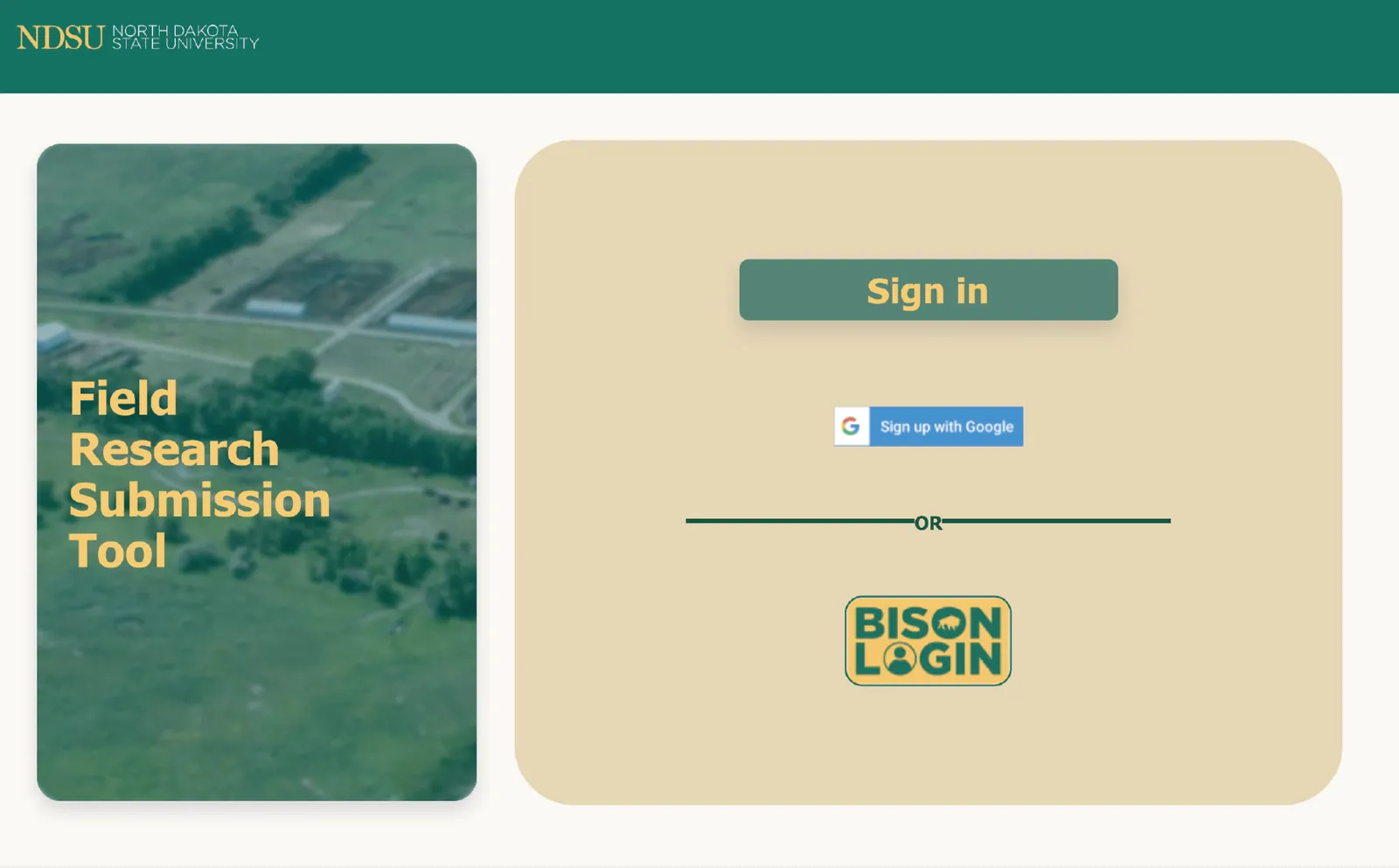 The original FRST sign-in: a “Sign in” button, a Google sign-up button, and a Bison Login badge on a tan card beside a field photo.