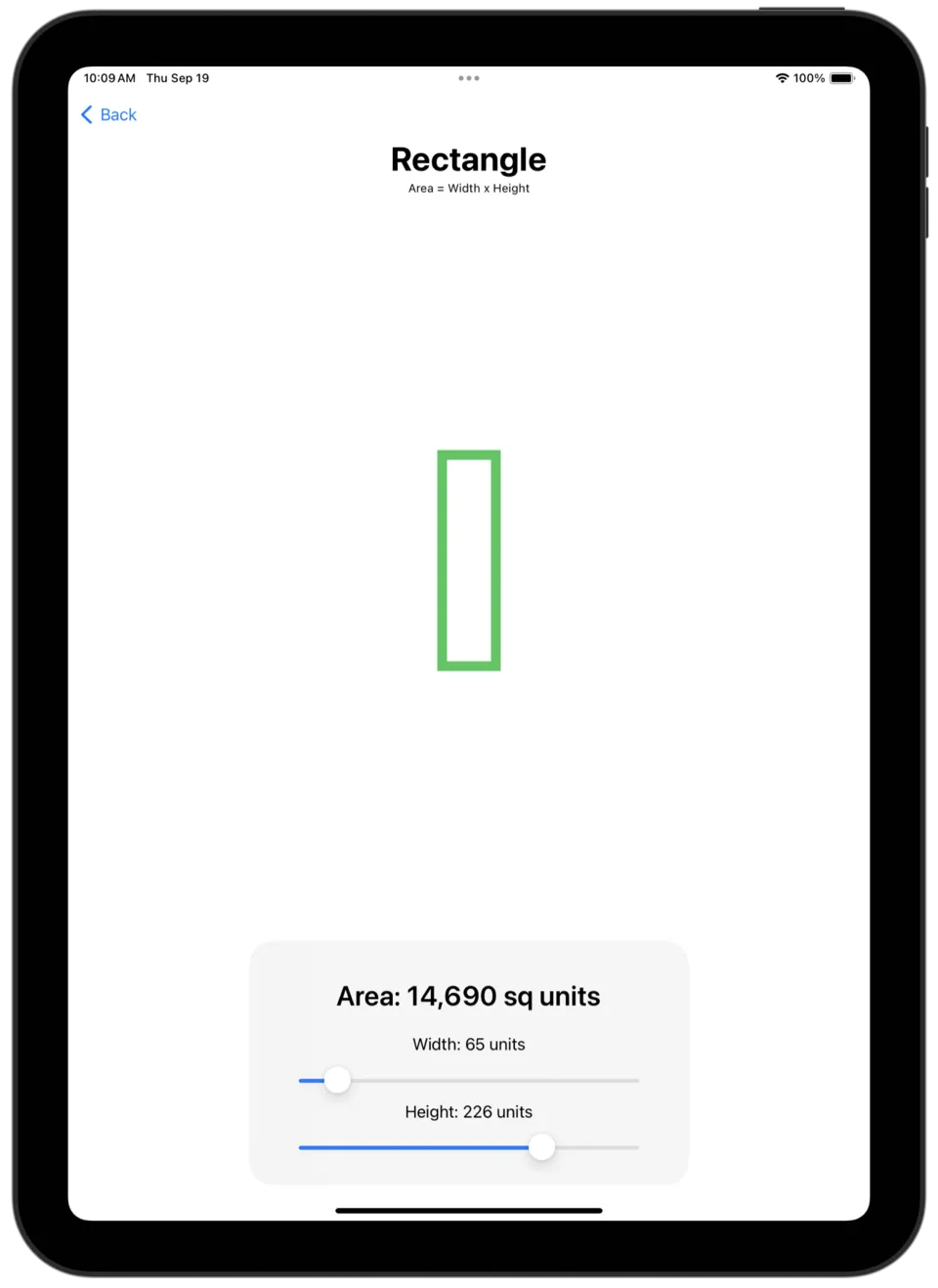A rectangle with width and height sliders and its calculated area.