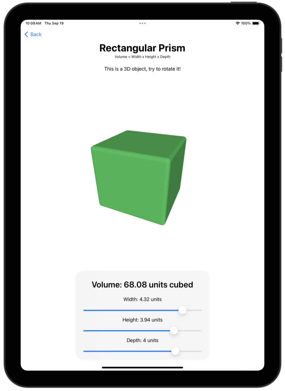 A rotatable 3D rectangular prism with width, height, and depth sliders and its volume.