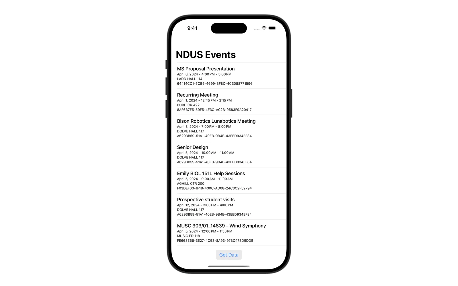 RoomMate on iPhone listing upcoming NDSU room bookings with times and rooms.
