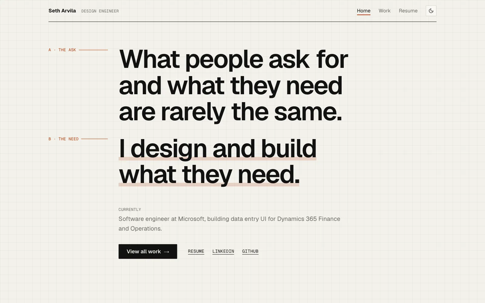 The home page: the tagline with red margin notes over a faint drafting grid.
