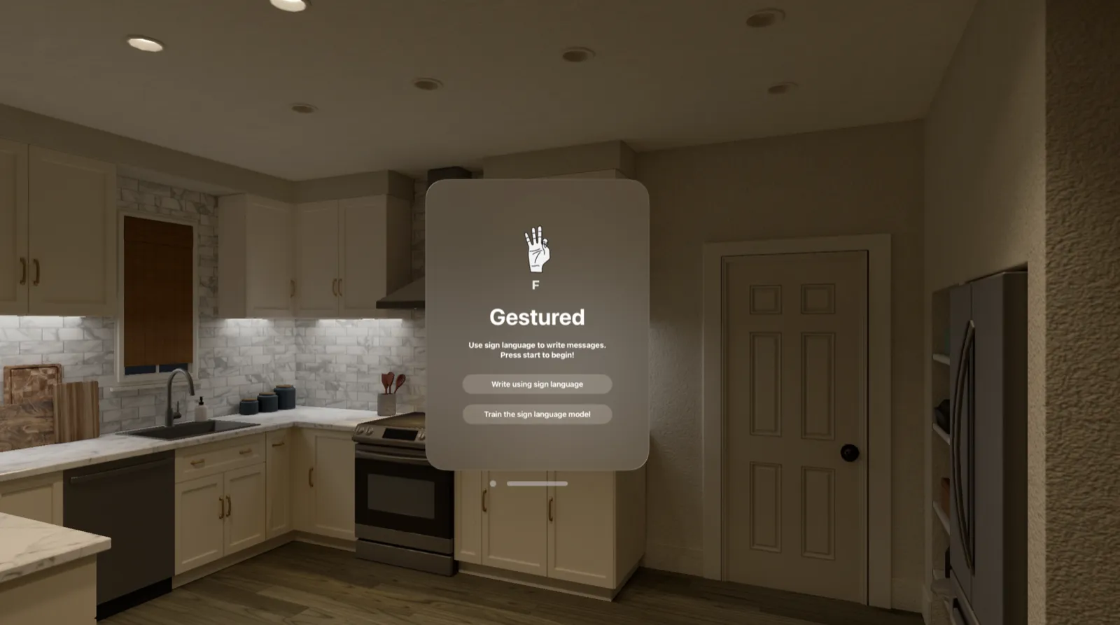 The built launch menu, titled Gestured: “Use sign language to write messages,” with buttons to write using sign language or train the sign language model.