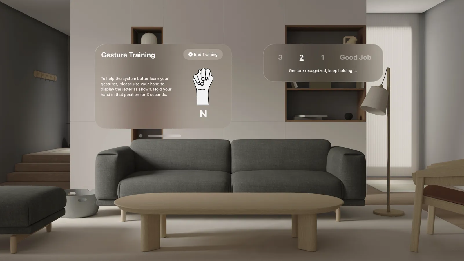 The training mode design: a panel asks the user to hold the hand sign for N for three seconds, and a second panel counts down 3, 2, 1, “Good job” as the gesture is recognized.